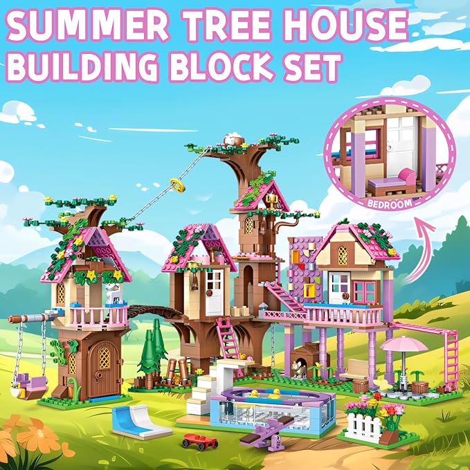 Fantasia Summer Tree House Building Blocks Multi Level Playset with Pool Rope Swing Bridge Creative Construction Toy for Kids Teens