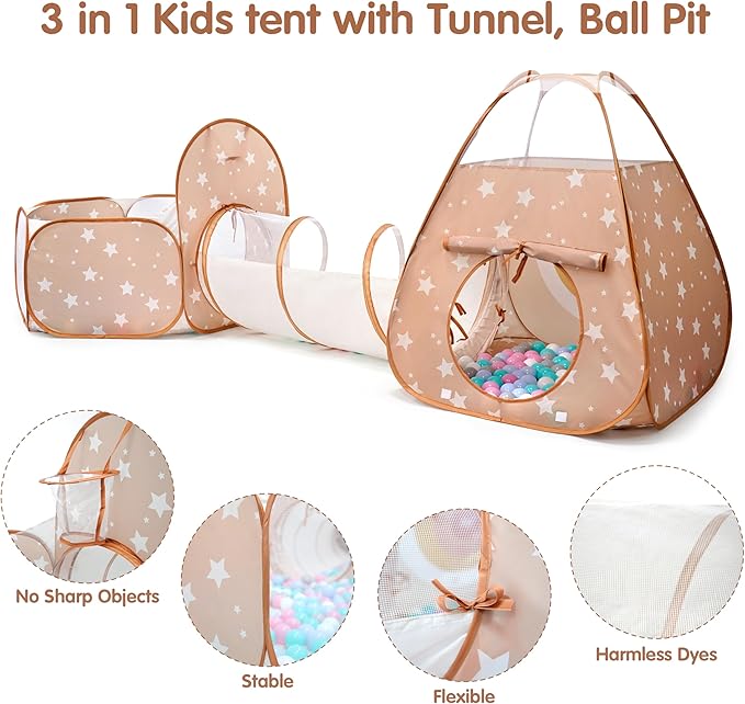 3 in 1 Pop Up Kids Play Tent with Tunnel and Ball Pit for Kids, Boys, Girls, Babies and Toddlers, Indoor/Outdoor Playhouse, Brown/Apricot