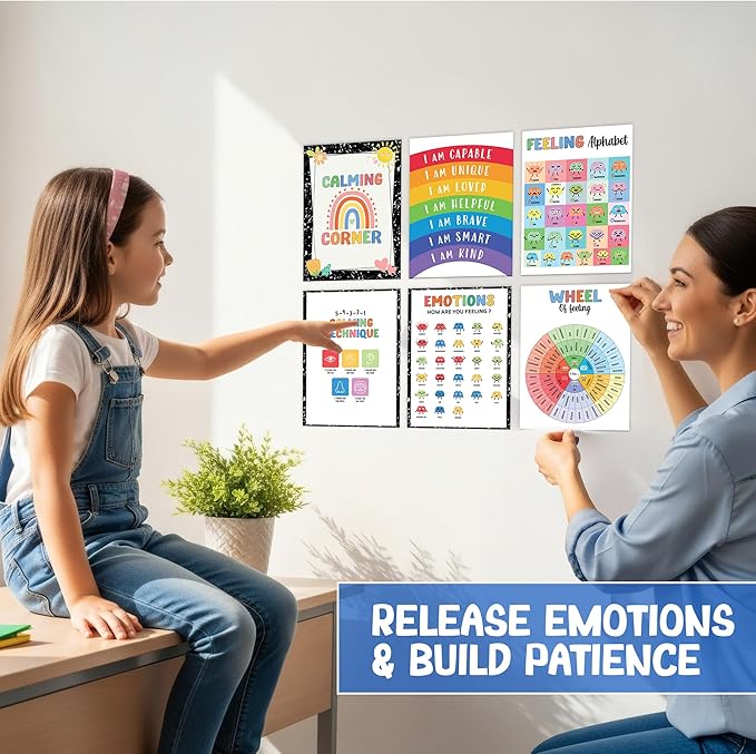 Set 12 Calming Corner Posters for Classroom Must Haves For Teachers, Composition Notebook Classroom Decor, 10x12 Calm Down Corner Supplies, Feelings Chart For Kids Ages 4-8, Feelings Wheel Poster
