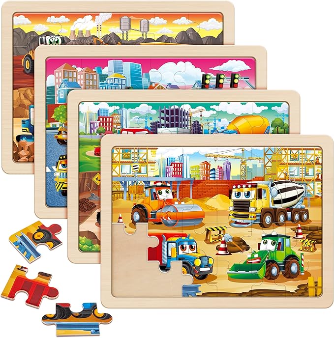 SYNARRY Large Wooden Construction Vehicle Puzzles for Toddlers 3-5, 24 Piece Monster Truck Puzzles for Kids Ages 4-6, Construction Toys for 3 4 Year Old, Kids Toys Gifts for 3 4 5 Year Old Boys Girls