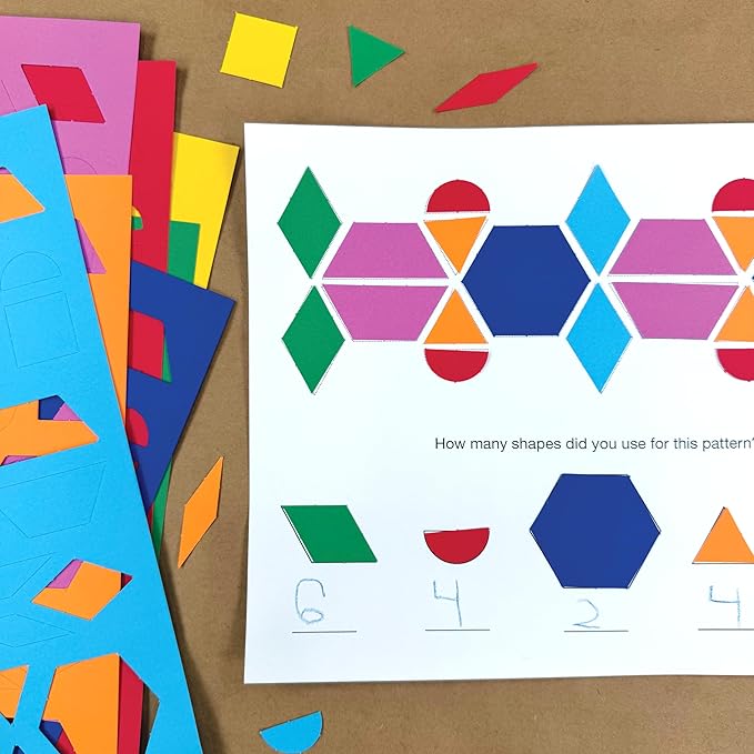 882 Pcs Pattern Block Shapes Math Manipulatives for Learning Multicolor Triangles, Squares, Hexagons, and more Easy-Punch Paper Shape Cutouts in 7 Bright Colors US Made Card Stock