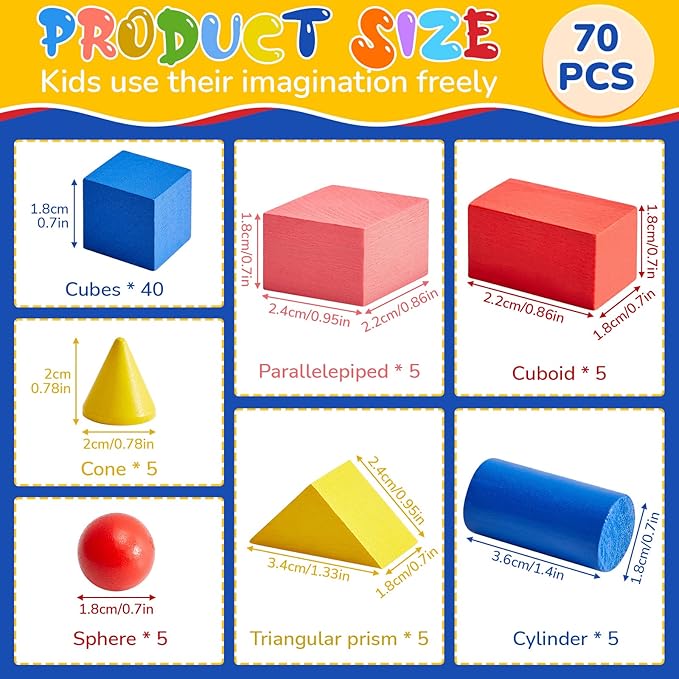Deekin 70 Pcs Wood Geometric Solid Mini 3D Shapes for Teaching Classroom Manipulatives for Elementary School, Geometric Shapes 3D Block for Kid Geometry Math Kindergarten Preschool Learning (Geometry)