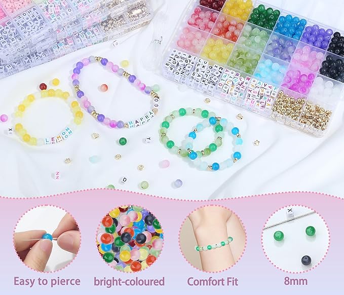 XIANNVXI 530pcs Glass Beads Kit for Friendship Bracelet 18color 8mm Colorful Glass Kandi Letter Beads Kit for Jewelry Making DIY Crafts