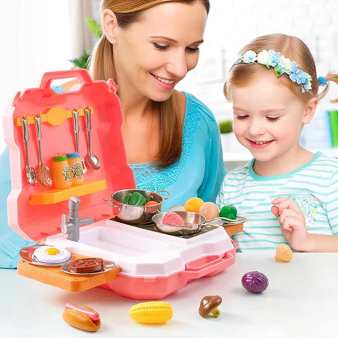 MINDNOOK Kids Kitchen Playset, 35Pcs Kitchen Sink Pretend Play Cooking Toys with Utensils, Stainless Steel Pots & Pans Play Food Sets for Kids, Learning Gift for Toddlers, Boys, Girls Ages 3+