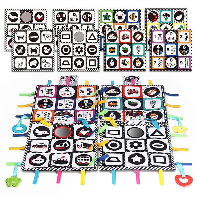 teytoy Tummy Time Floor Mirror, Double High Contrast Play and Pat Activity Mat Black and White Baby Crinkle Toys with Teether, Great Gift for Infants Boys and Girls -Pack of 4