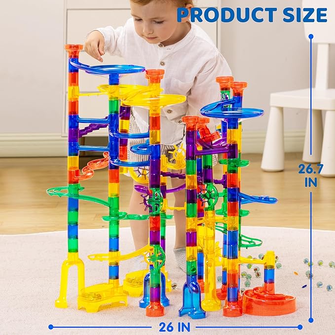 JOYIN 207Pcs Glowing Marble Run, Construction Building Blocks Toys with 5 Glow in The Dark, STEM Toy for Boys and Girls, Educational Toy, Gift for Christmas(147 Plastic Pieces + 60 Glass Marbles)