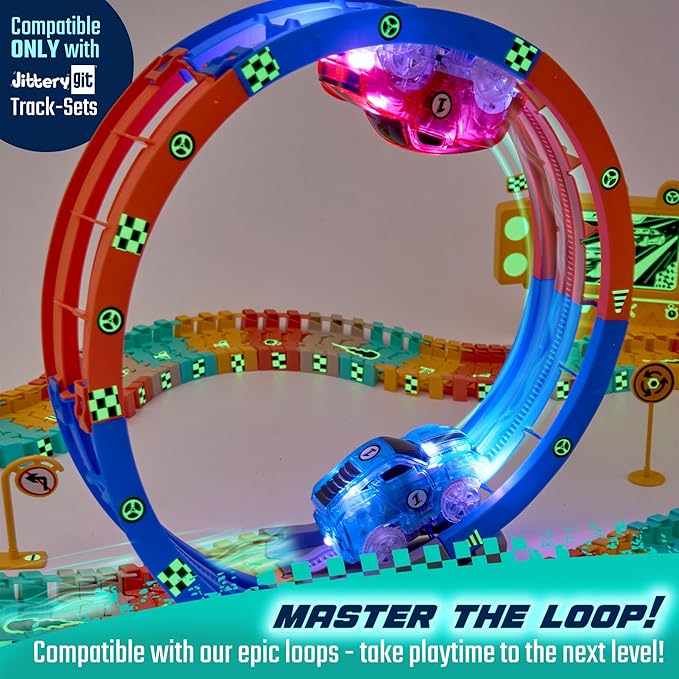 JitteryGit Replacement Light Up Magic Cars For Glow Flex Tracks - Extra LED Car Accessories For Race Track & Glow In The Dark Trax - Compatible with Most Tracks For Kids Boys and Girls (2 Racers Pack)