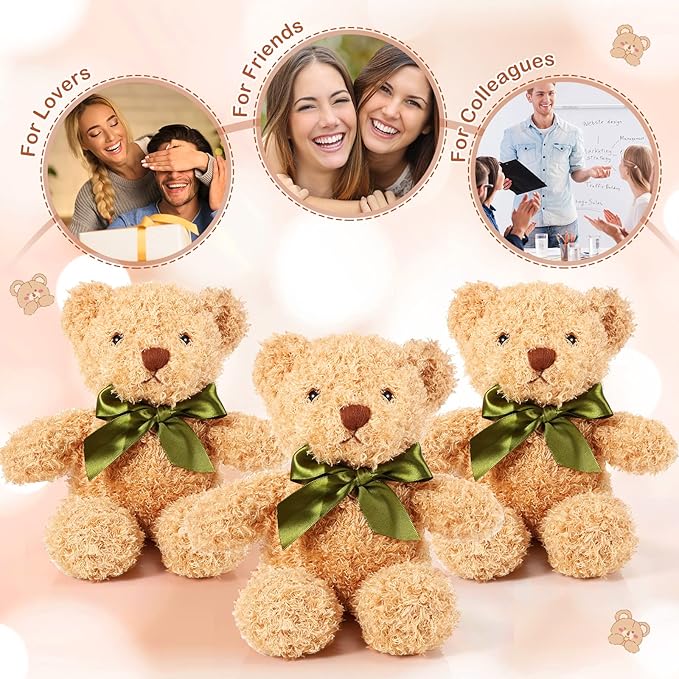 HyDren 6 Pcs Bear Stuffed Animal Plush Toys Soft Plush Dolls Bear Sleeping and Playing Toys for Baby Shower Decoration Boy(Fuzzy Style,Brown)