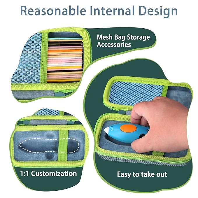 co2CREA Hard Case for 3Doodler Start+ Essentials (2024) 3D Pen Set - Storage Organizer with Custom Slots for Art Activity Set, Printing Filament Refill and USB Charger, Light Blue Case + Green Zipper