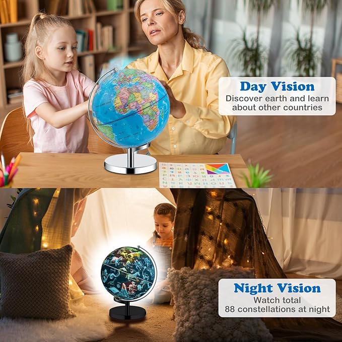 Nightcore World Globe for Kid Learning, 9'' Educational Classic World Globe with Metal Stand& Built-in LED Night Light, 88 Illuminated Constellations View, Desk Decoration Earth Map for School, Home, and Office