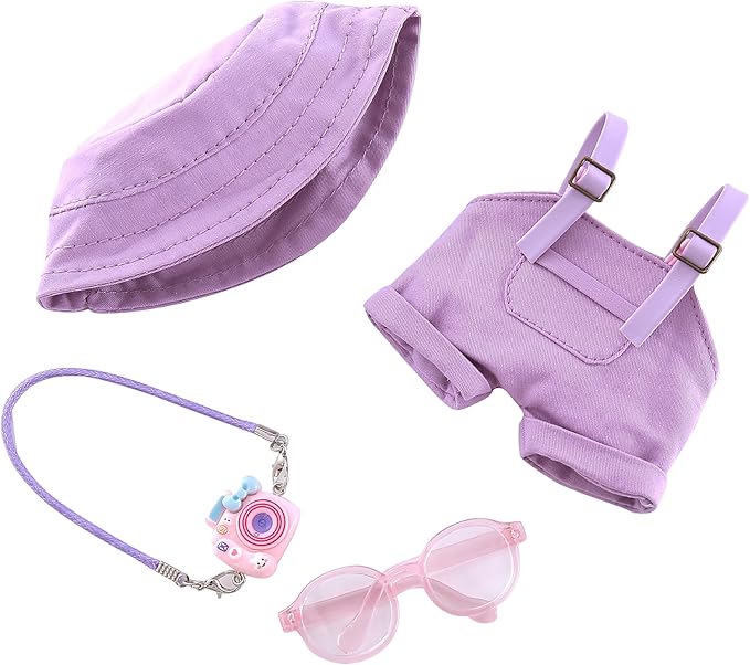 17cm Doll Clothes 4-Piece Dolls Accessories with Purple Overalls, Fisherman Hat, Glasses & Pendant Outfit for Plush Dolls – Accessories Only, No Doll Included