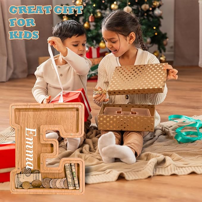 Wooden Letter Piggy Bank for Kids Larger Alphabet Letter Bank for Boys Initial Coin Bank Personalized Piggy Bank Wood Money Save Box for Birthday and Festival-Upgrade 9"" E Piggy Bank