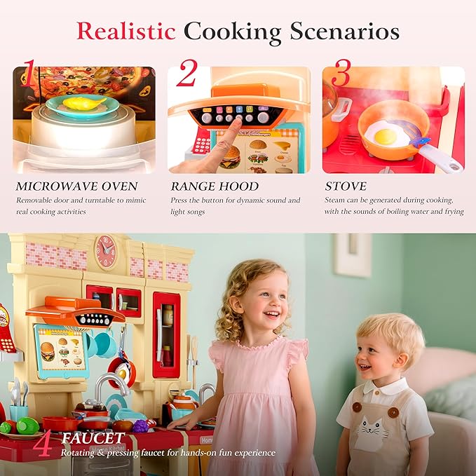 [2025 Upgraded] Kitchen for Kids & Toddlers Play Kitchen Set with Tablet Ordering, Music, Lights & Sounds, Steam Stove & Boiling Bubbles, Oven Dings, Faucet & Dishwasher,Easy-Install,Life Skills(Pink)