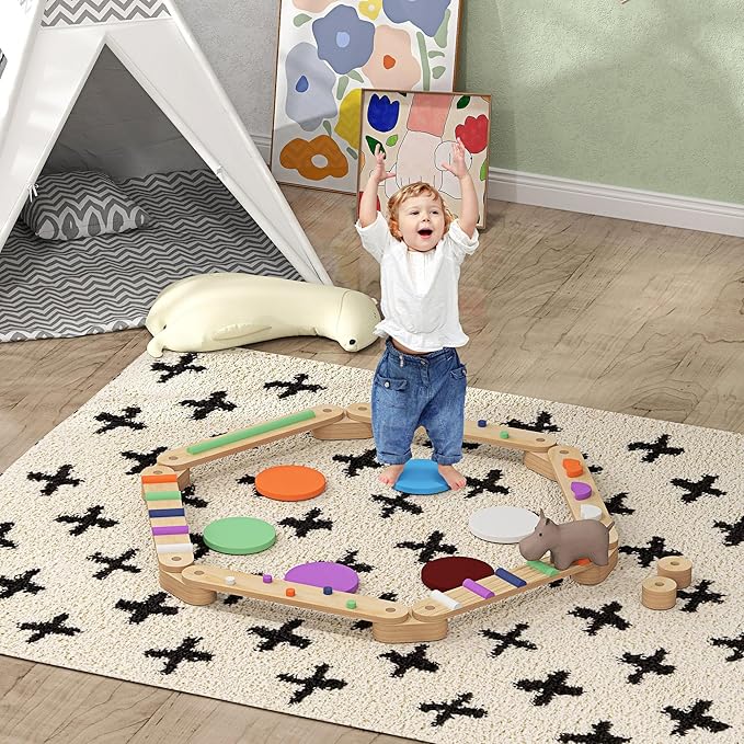 Qaba Kids Balance Beam, Wooden Balance Board with Stepping Stones, Gymnastics Obstacle Course for Toddlers 3-8 Years for Motor Skills Coordination, Indoor Outdoor Use