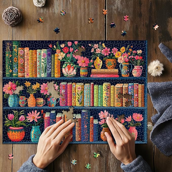 Blooming Bookshelf Jigsaw Puzzles 1000 Pieces, PICKFORU Wildflower Pages Puzzle, Plant Floral Flowers Books Literary Themed, Colorful Art Library Impossible Challenging Puzzles for Adults