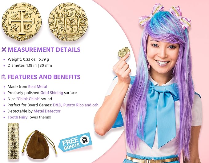 Large Metal Pirate Coins - 35 Gold Treasure Coin Set, Metal Replica Spanish Doubloons for Pirate Party Decorations & Favors, Tokens, Toys, Cosplay - Pirate Treasure Chest, Size 1.18"