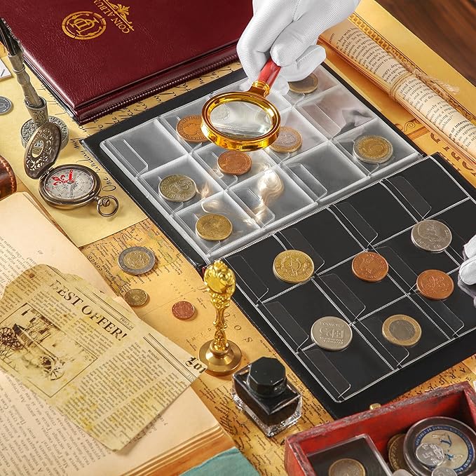 120 Pockets Coin Album - Coin Collecting Book with 10 Pages, 45x43 mm Grid Holder for Pounds Pence Cents Dollars Nickel (Red) CS48120RE