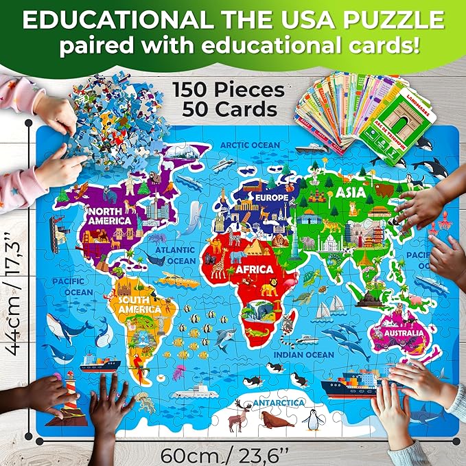 QUOKKA Puzzles for Kids Ages 4-6 - 150 Pcs Floor Puzzles World Map for Kids Ages 4-8 Preschool Activities - Includes 50 Cards with 400+ World Facts - Continent-Shaped Jigsaw Puzzle Gift for Girls Boys