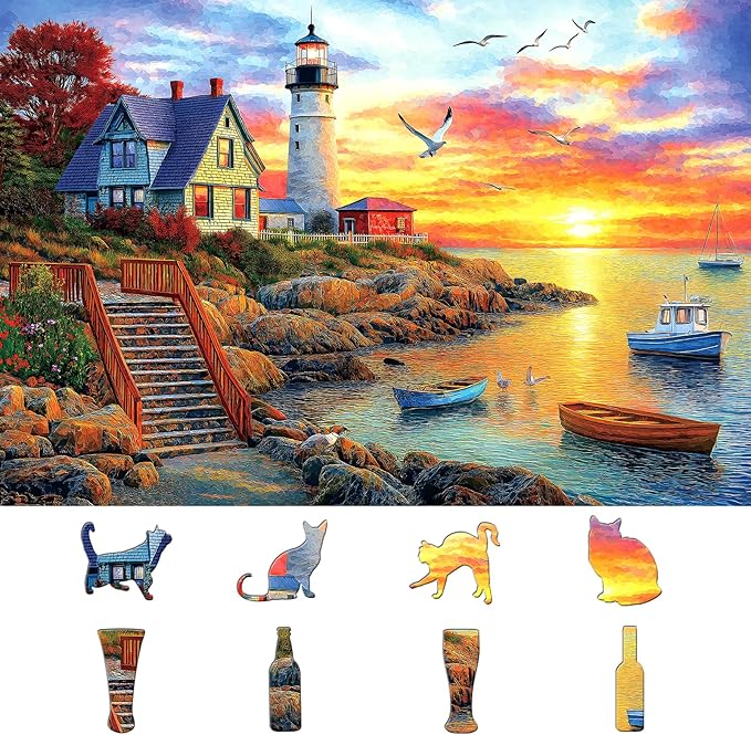Lighthouse Sunset 500 Piece Puzzles for Adults Colorful Coastal Scene with Boats Jigsaw Puzzles 500 Pieces Seaside Landscape Family Puzzle Challenging Family Puzzle Games Gift for Adults (21"x15")
