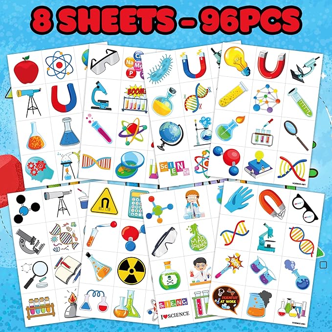 96PCS Funny Science Temporary Tattoos Mad Scientist Laboratory Themed Birthday Party Decorations Favors Supplies Decor Math Chemistry Experiment Tattoo Stickers Gifts For Kids Boys Girls School Prizes