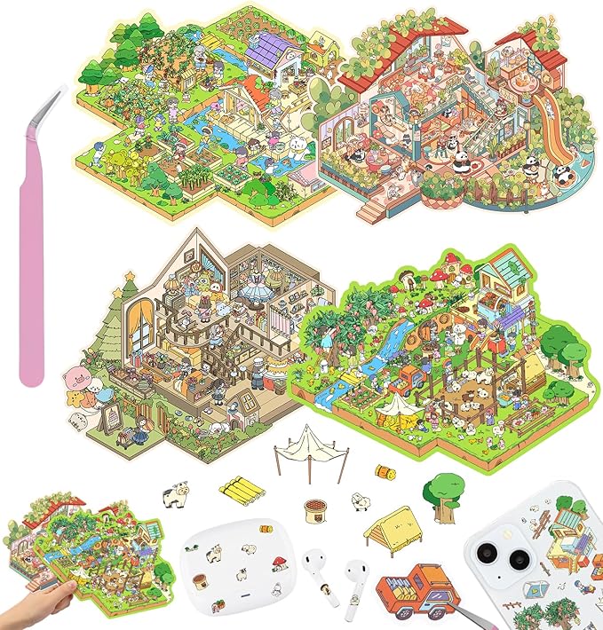 DIY 3D House Stickers, 4 Sets Fun DIY Stickers Scene Make Your Own Mini House Cute Cartoon Animal Scene Stickers for Kids Adult Sticker Art Relief Stress Pass The Time-Large Size