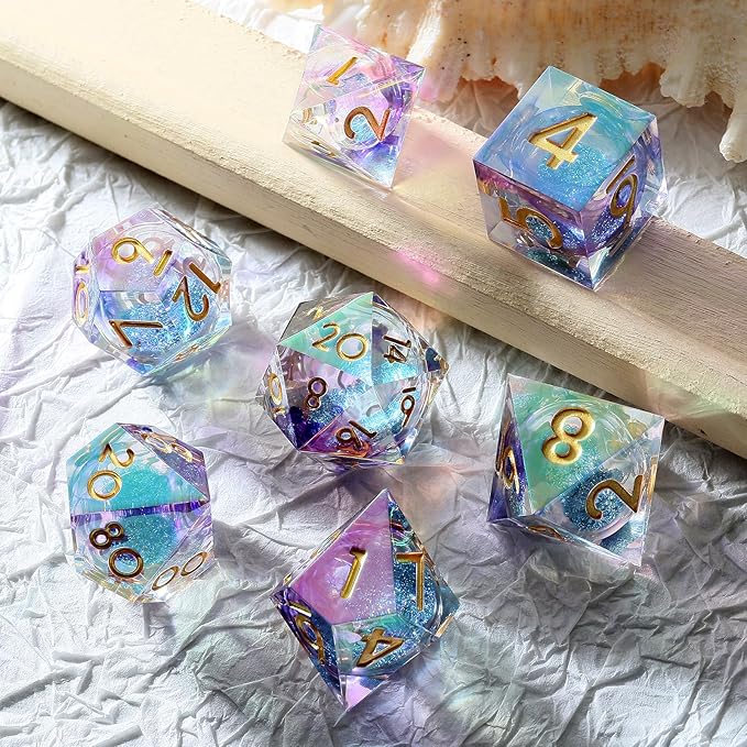 Iridescent Plating Glitter Liquid Core Sharp Dice, DNDND Handmade DND Resin Sharp Edge D&D Die with Gorgeous Gift Case for Dungeons and Dragon Tabletop Games (Iridescent Plating Liquid Core)