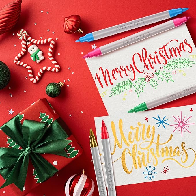 ARTISTRO 24 Metallic Dual Tip Brush + Fine Acrylic Paint Pens Ideal for Calligraphy - Paint Markers for Fabric, Rock, Glass, DIY - Stocking Stuffers, Christmas Gift Idea for Teens, Grandkids, Kids
