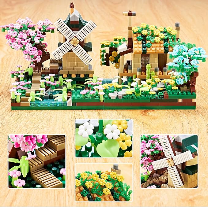Tree House River Windmill and Port Cabin Model Assembly Blocks Creative DIY Decorative Presents for Street View Adults