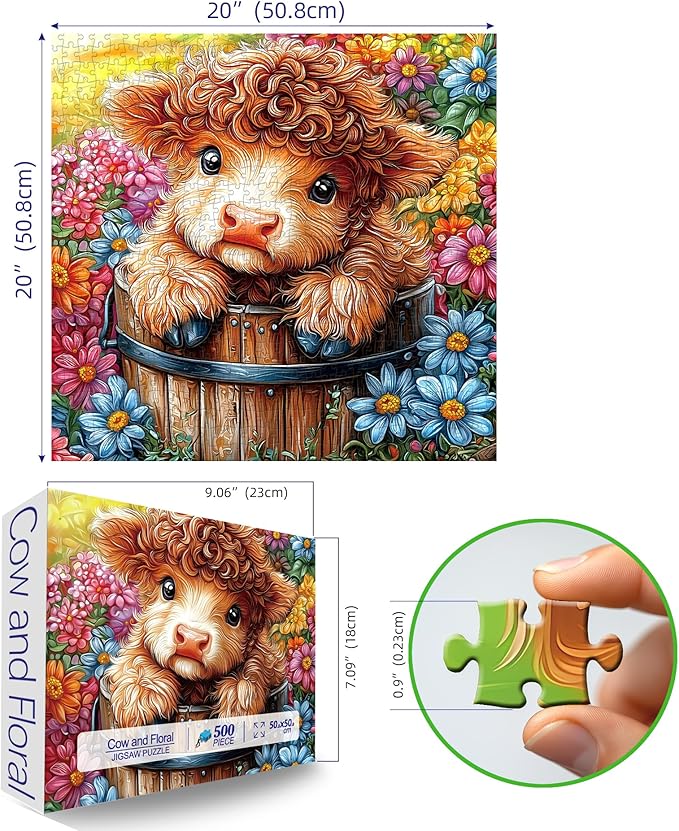 Highland Cow 500 Piece Puzzles for Adults Cute Cow Flower Animal Jigsaw Puzzles 500 Pieces Difficult Unique Family Challenging Puzzle (20"x20")