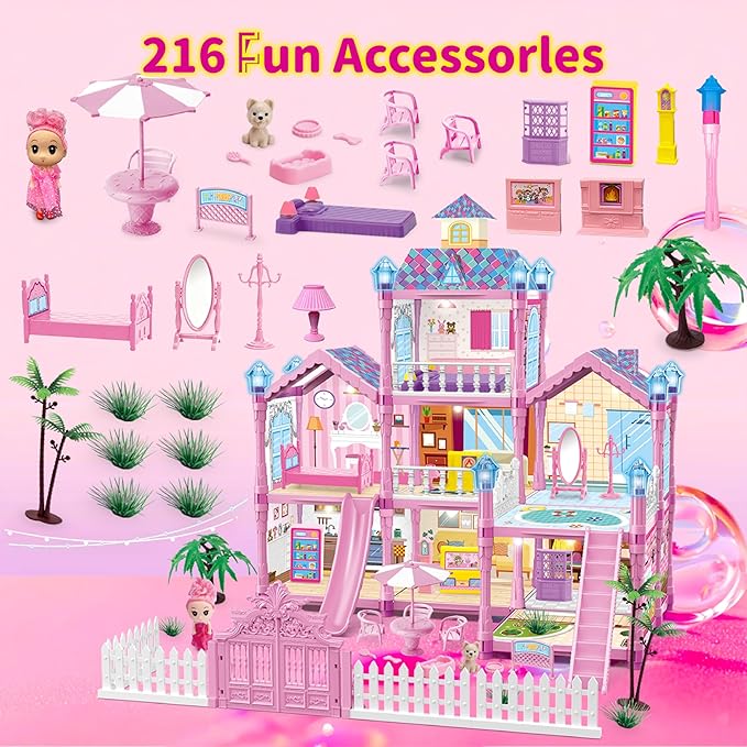 Dollhouse for Girl with 1 Princess, 3 Floors -8 Rooms, 216 Accessories Includes Dog and Furnitures, Design and Build Gift for 3 4 5 6 7 8+ Year Old Girls (Pink)