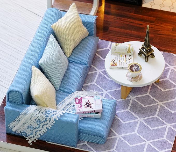 CUTEROOM DIY Miniature Dollhouse Kit with Furniture,Wooden Doll House Plus Music Movement & LED Lights, DIY House Kit for Christmas Birthday- Blue Times