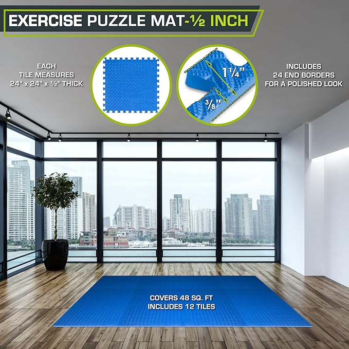 ProsourceFit Puzzle Exercise Mat ½ in, EVA Interlocking Foam Floor Tiles for Home Gym, Mat for Home Workout Equipment, Floor Padding for Kids, Blue, 24 in x 24 in x ½ in, 48 Sq Ft - 12 Tiles
