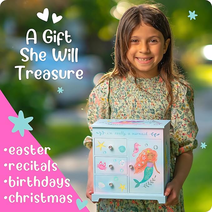 Mermaid Musical Jewelry Box for Girls - Kids Music Box with Drawers, Mermaid Mermaid Gifts for Girls, Mermaid Jewelry Boxes for Ages 3-10 - 9 x 5 x 9.3 in, Blue