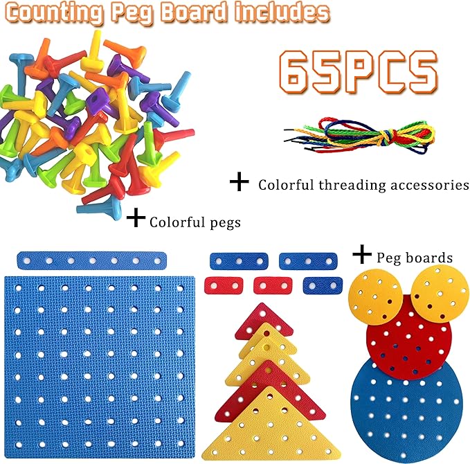 Counting Peg Board for Kids - Toddler Stacking Toys - 65 Pcs DIY Building Set Large Foam Board & Occupational Therapy Toys, Color Sorting & Lacing Toy , Montessori Tools, Peg Puzzles for Toddlers 1-3