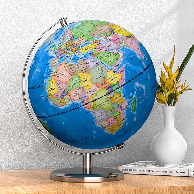 9" Illuminated World Globe with Stand, Educational Globes for Kids Learning, Colorful HD World Map Details, LED Globe Lamp for Living Rooms Decor