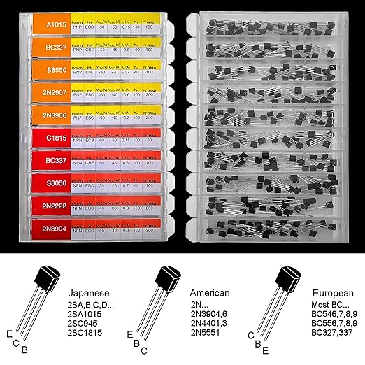 EEEEE 10 Kinds 250pcs Assorted Type TO92 Transistors PNP NPN Bipolar Power Transistor Assortment Kit with A1015 BC327 S8550 2N2907 2N3906 C1815 BC337 S8050 2N2222 2N3904 (250pcs 10 Models)