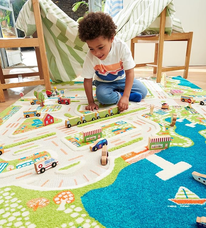 IVI Mini City Thick 3D Educational Play Mat Rug for Bedroom or Playroom, 86'L x 59'W, Non-Toxic Safe Play Area Learn with Cars and Toys