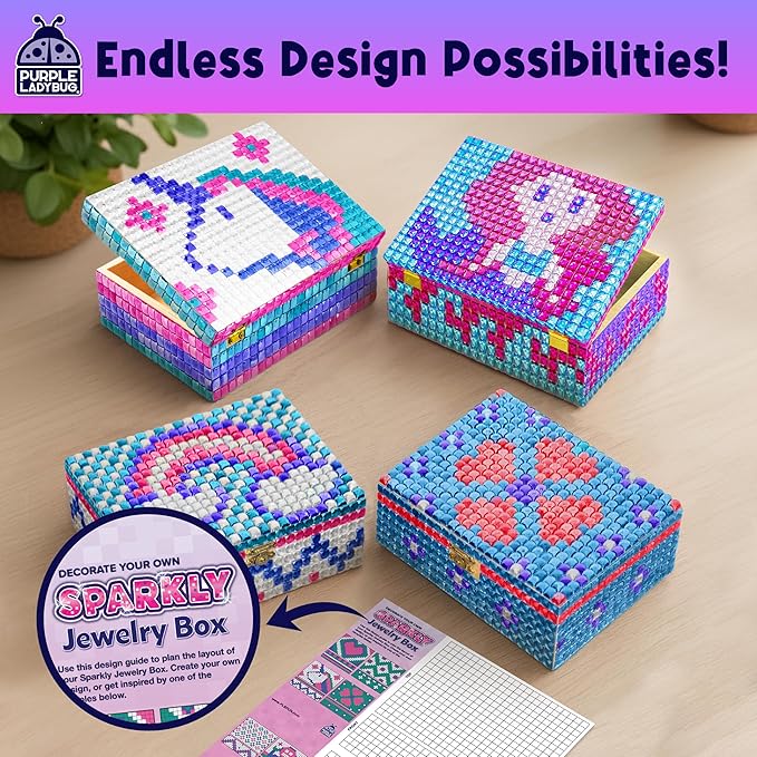 PURPLE LADYBUG Sparkly DIY Wooden Jewelry Box Craft for Girls 8-12 with 1500+ Non-Toxic Gems - Christmas & Birthday Gift for 4 5 6 7 8 9 10 11 12 Girl, Girls Toys 8-10 - Mosaic Mermaid Unicorn Design