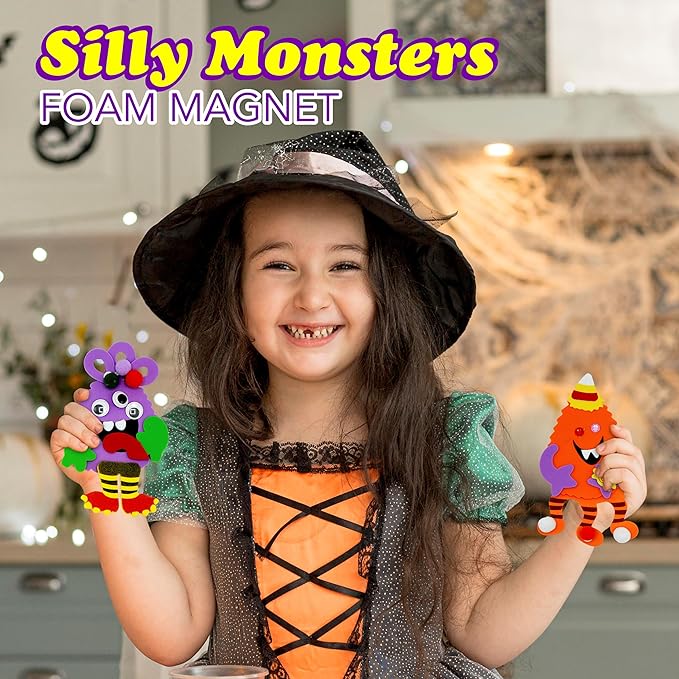 4E's Novelty Halloween Crafts for Kids (12 Pack) Silly Monsters Foam Magnet Fall Crafts Bulk, Halloween Party Activities for Kids Ages 3-5, 4-8