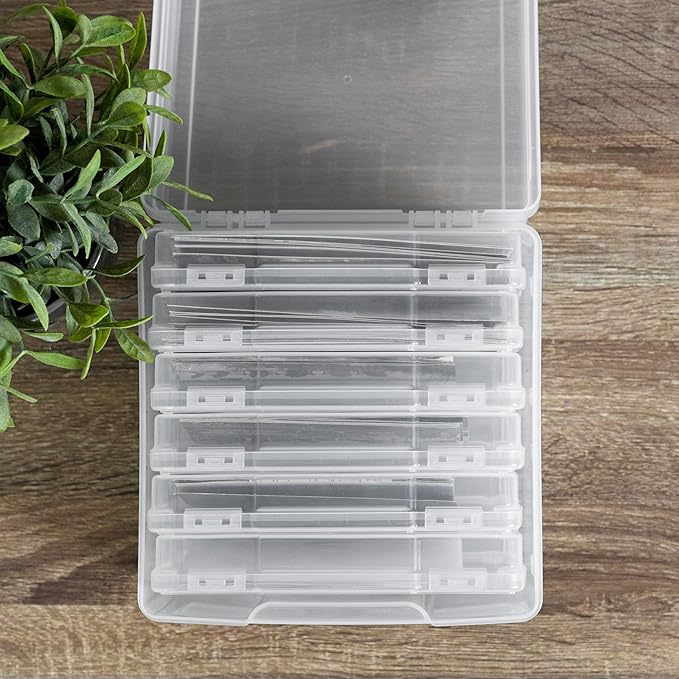 IRIS USA 5" x 7" Photo Storage Box Craft Keeper, Transparent Protection Container with 6 Organization Holder Cases for Pictures, Tasks, Scrapbooking, Stationery Storage, Clear