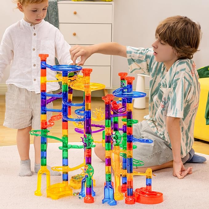 JOYIN 207Pcs Glowing Marble Run, Construction Building Blocks Toys with 5 Glow in The Dark, STEM Toy for Boys and Girls, Educational Toy, Gift for Christmas(147 Plastic Pieces + 60 Glass Marbles)