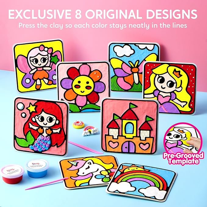 Klever Kits Air Dry Clay Painting, Air Clay Kit for Kids, 8 Pre-grooved Filling and Original Designed Boards, Easy Play and Non Toxic Material, Arts and Crafts for Kids Age 4-9