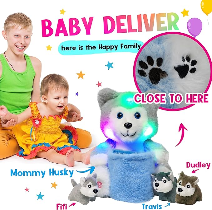 Hopearl LED Plush Husky with Removable Bucket Lighting Up Stuffed Mommy Dog with 3 Baby Puppies in Basket Floppy Stuffed Animal Playset Night Lights Glow in The Dark Birthday Gifts for Kids, 10''