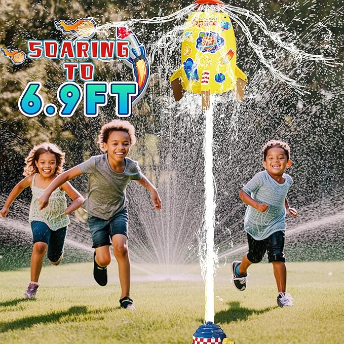 Rocket Sprinkler Toy for Kids, Summer Water Launcher for Backyard Play, Outdoor Lawn Sprinkler Gift for Toddlers and Kids Ages 3 4 5 6 7 8, Easy Setup Water Game with Hose