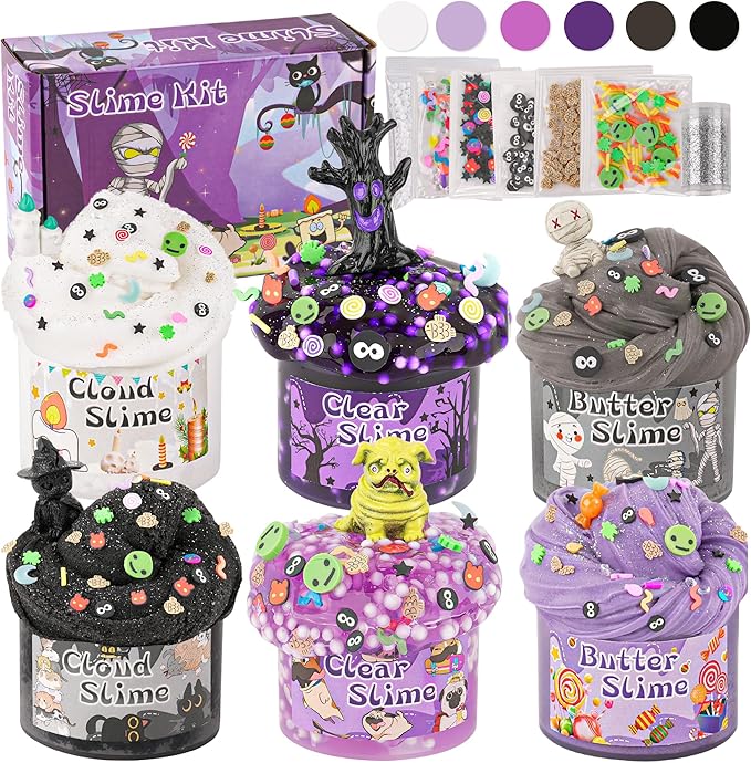 LAWOHO 6 Packs Halloween Slime Kit - Cloud, Butter & Clear Slime, Slime for Kids with Spooky Slimes Add-ins, Slime Kit for Boys & Girls Birthday Halloween Party Favors Christmas Easter Gifts
