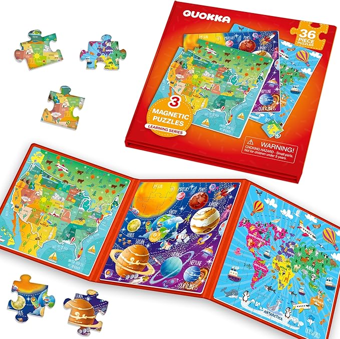 QUOKKA Magnetic Puzzles for Kids Ages 4-6 - 36 Pieces Sudoku Toddler Puzzles Ages 2-4 - Travel Games for Kids Ages 3-5 - USA Space World Toddler Travel Toys - Car Airplane Road Trip Games