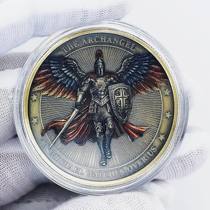 Archangel Michael Challenge Coin Religious Art Collectible with Inspirational Scripture Psalm 91:10 – 11 (Single Coin)