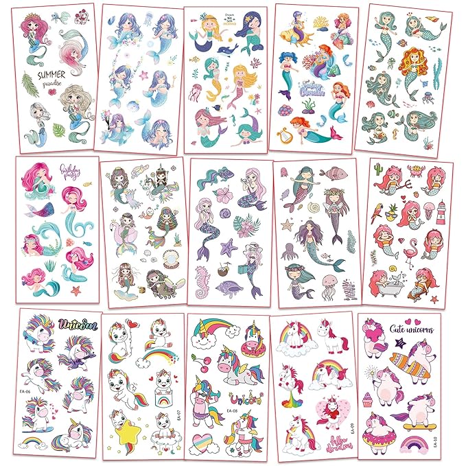 Waterproof Temporary Tattoos For Kids - 260 Pieces | Unicorns & Mermaids | Temporary Tattoo Sheets for Girls | Party Favor for Goody Bags | Non-toxic、Skin-Safe*、Cosmetic-Grade