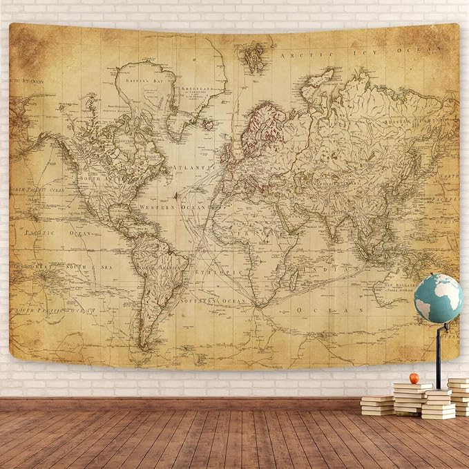 Old World Map Tapestry, Vintage Geographical Distribution Wall Hanging, Brown Historical Atlas Educational Poster for Wall Classroom Bedroom Living Room Office 60x40 Inch