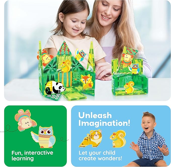 PicassoTiles Magnet Tile Building Blocks Forest Animal Themed Playset with 8 Character Action Figures Educational STEM Learning Construction Kit Pretend Play Magnetic Tiles Toddler Kids Ages 3+ PTQ26